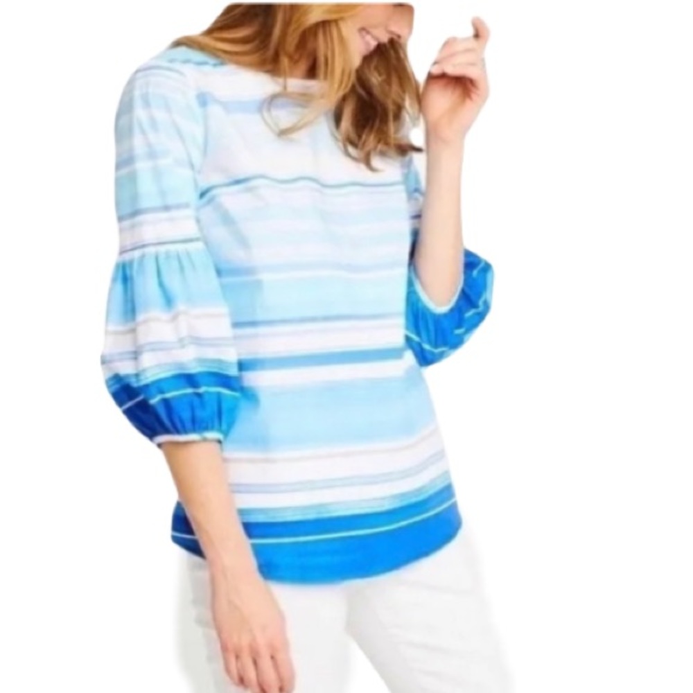 TYLER BOE NATALIE WATERCOLOR STRIPE SHIRT WOMEN M BLUE WHITE 3/4 LANTERN SLEEVE